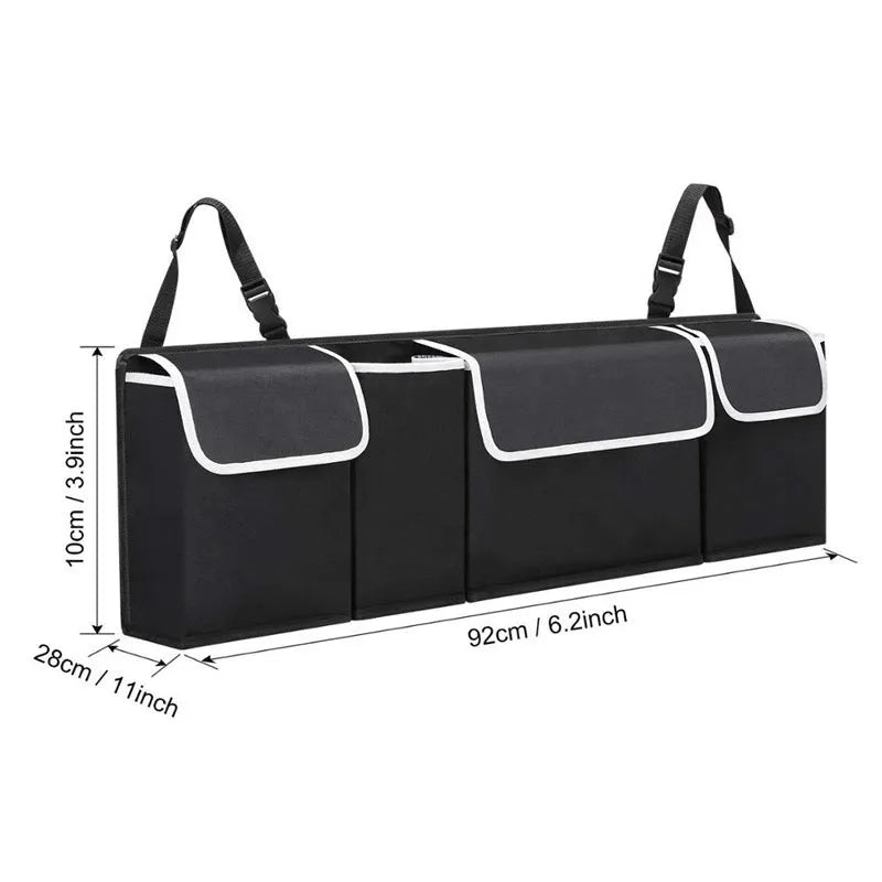 Black Oxford cloth hanging rear luggage storage bag, 90x12x25cm, four-pocket car boot tidy