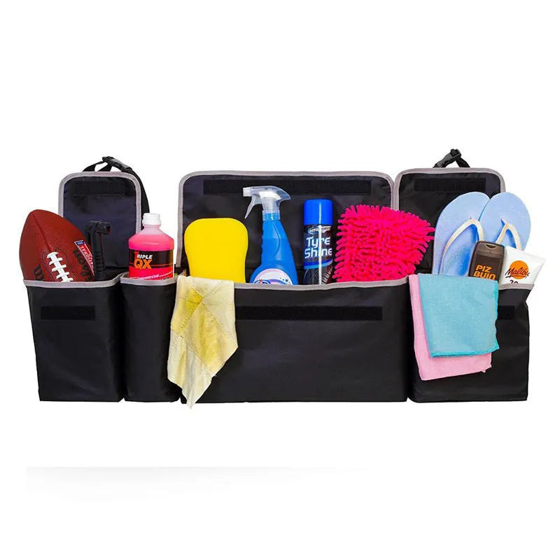 Black Oxford cloth hanging rear luggage storage bag, 90x12x25cm, four-pocket car boot tidy