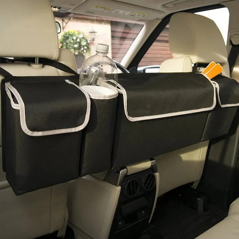 Black Oxford cloth hanging rear luggage storage bag, 90x12x25cm, four-pocket car boot tidy