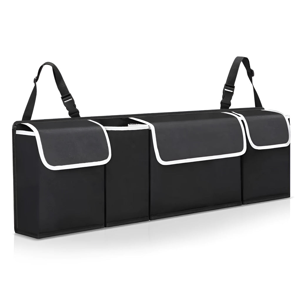 Black Oxford cloth hanging rear luggage storage bag, 90x12x25cm, four-pocket car boot tidy