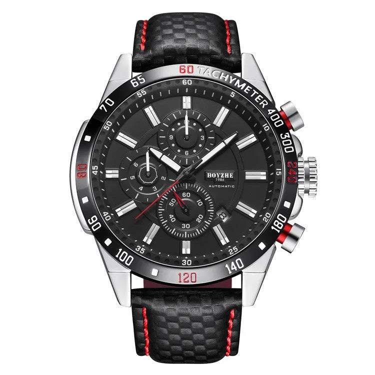 Men's automatic mechanical watch with black dial, luminous hands, calendar window, and brown leather strap