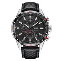 Men's automatic mechanical watch with black dial, luminous hands, calendar window, and brown leather strap