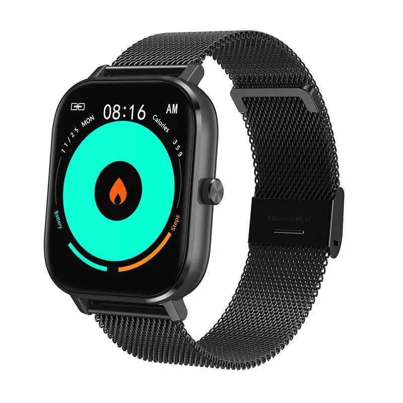 DT35 smart watch with colour touch screen and silicone wristband showing black alloy casing