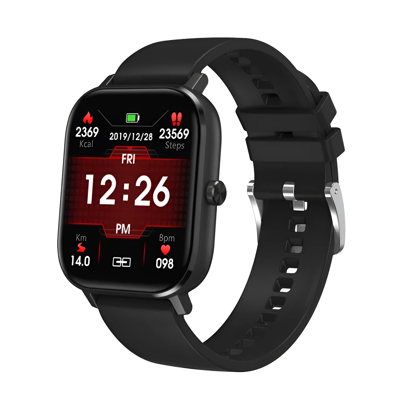 DT35 smart watch with colour touch screen and silicone wristband showing black alloy casing