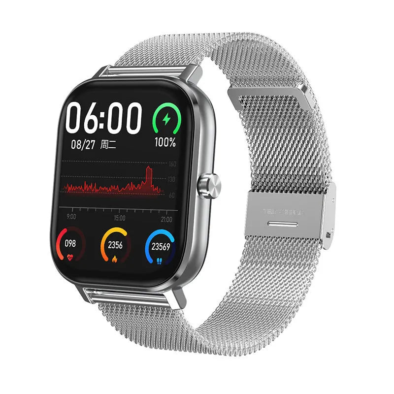 DT35 smart watch with colour touch screen and silicone wristband showing black alloy casing