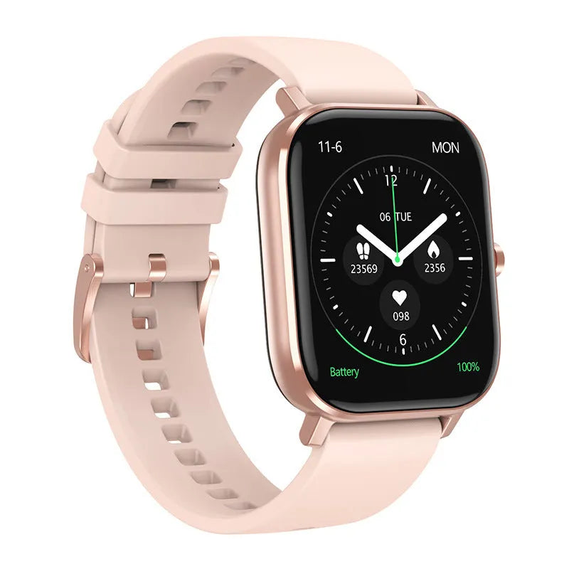 DT35 smart watch with colour touch screen and silicone wristband showing black alloy casing