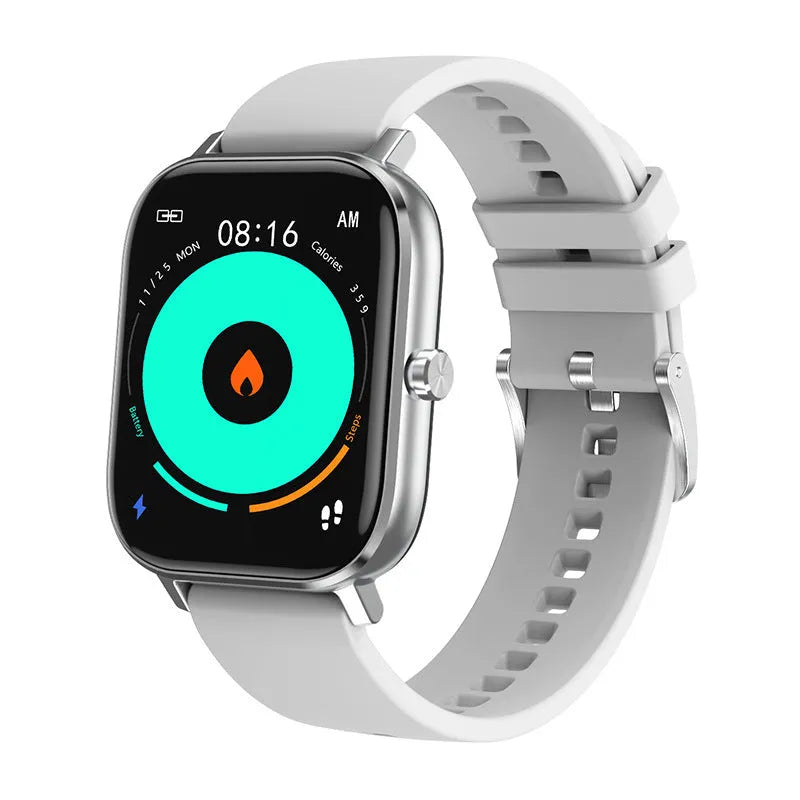 DT35 smart watch with colour touch screen and silicone wristband showing black alloy casing