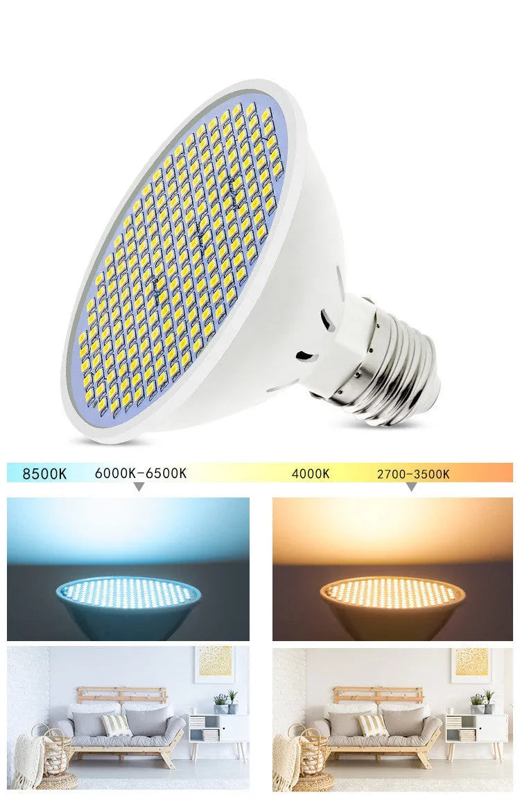 E27 screw-in LED light bulb with white polycarbonate body, labelled with 750 lumen and 100,000 hour lifespan specifications.