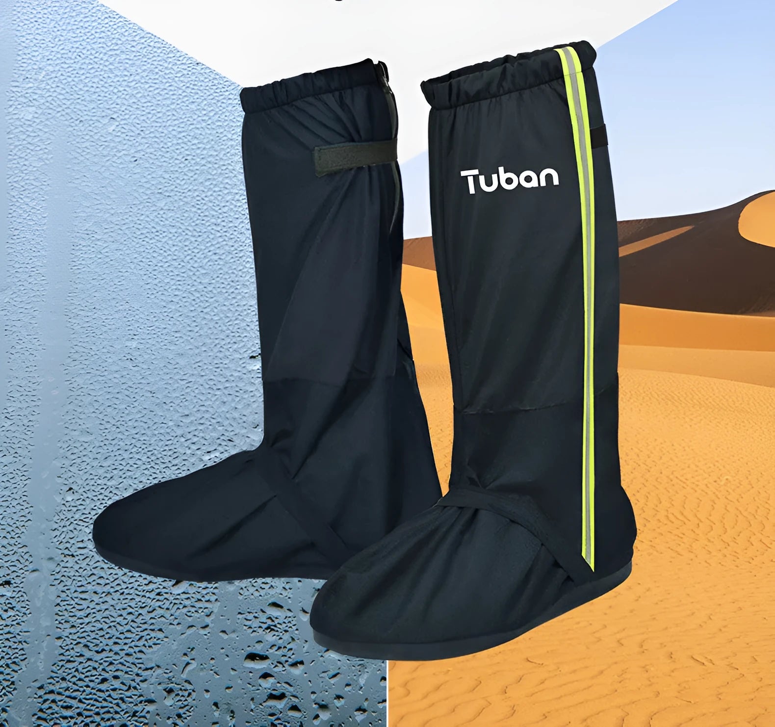 Desert hiking overshoes in blue black Oxford cloth with 45cm tube and sole length markings