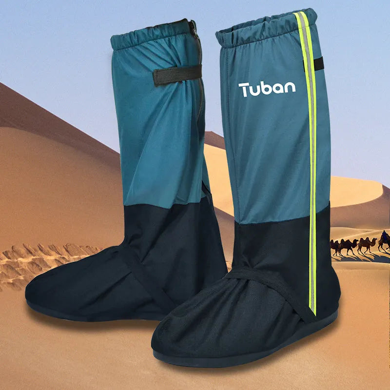 Desert hiking overshoes in blue black Oxford cloth with 45cm tube and sole length markings