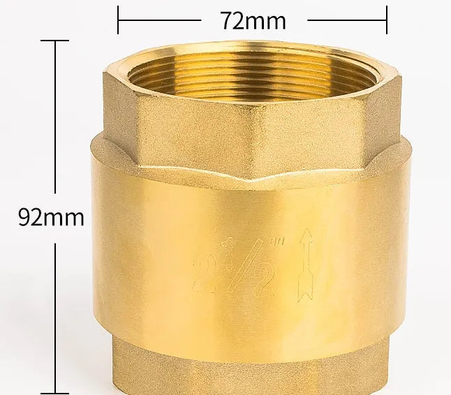 Brass check valve shown in horizontal and vertical configurations with threaded connections