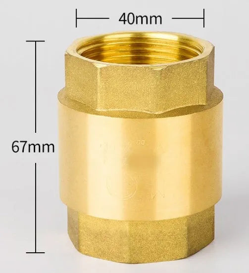 Brass check valve shown in horizontal and vertical configurations with threaded connections
