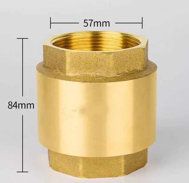 Brass check valve shown in horizontal and vertical configurations with threaded connections