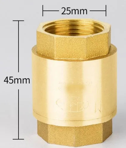 Brass check valve shown in horizontal and vertical configurations with threaded connections