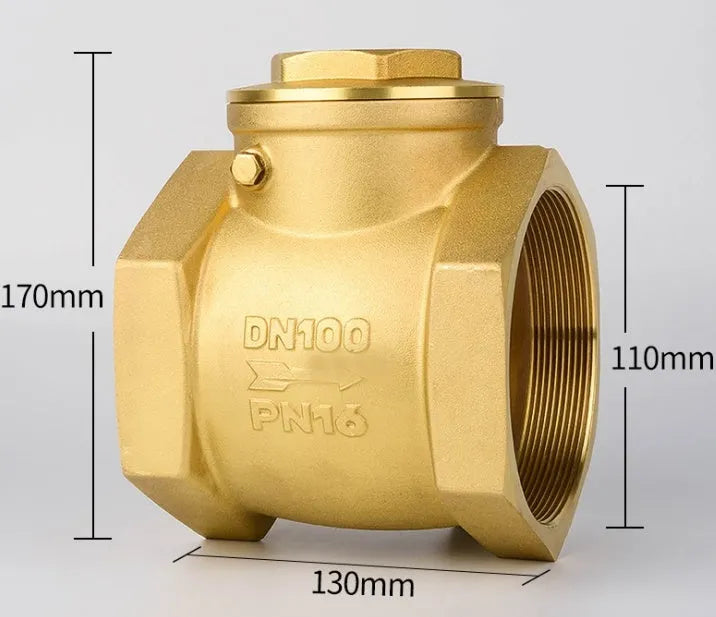 Brass check valve shown in horizontal and vertical configurations with threaded connections