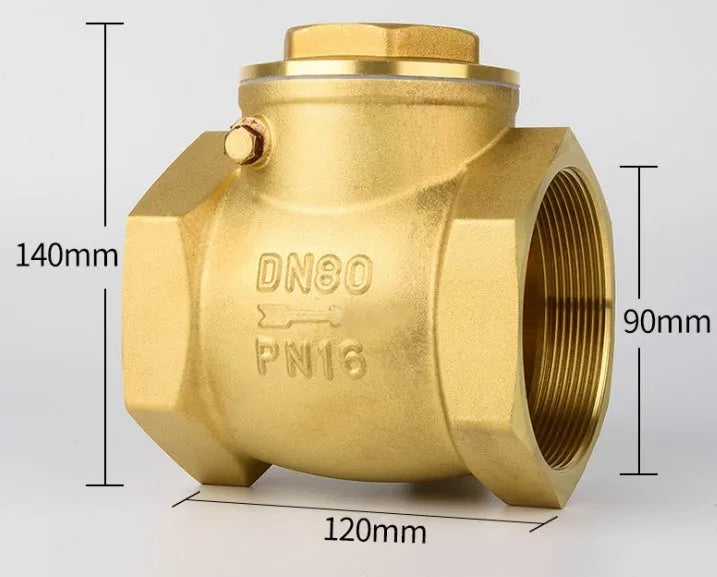Brass check valve shown in horizontal and vertical configurations with threaded connections