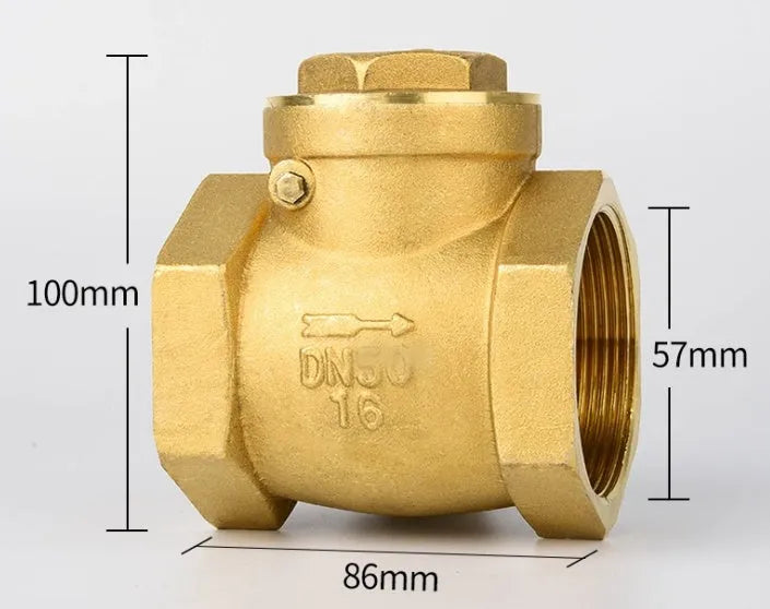 Brass check valve shown in horizontal and vertical configurations with threaded connections