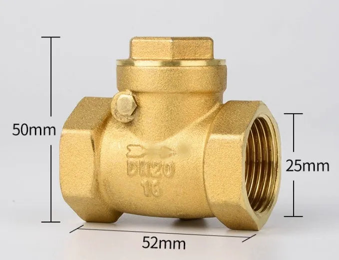 Brass check valve shown in horizontal and vertical configurations with threaded connections