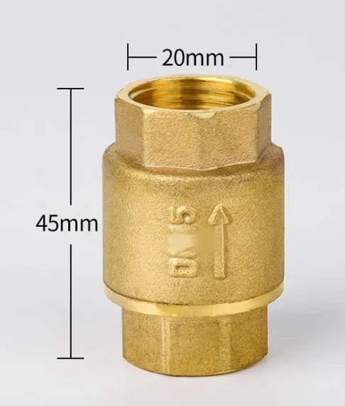 Brass check valve shown in horizontal and vertical configurations with threaded connections