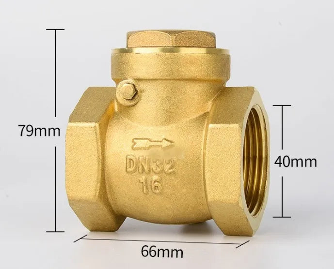 Brass check valve shown in horizontal and vertical configurations with threaded connections