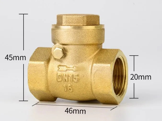 Brass check valve shown in horizontal and vertical configurations with threaded connections