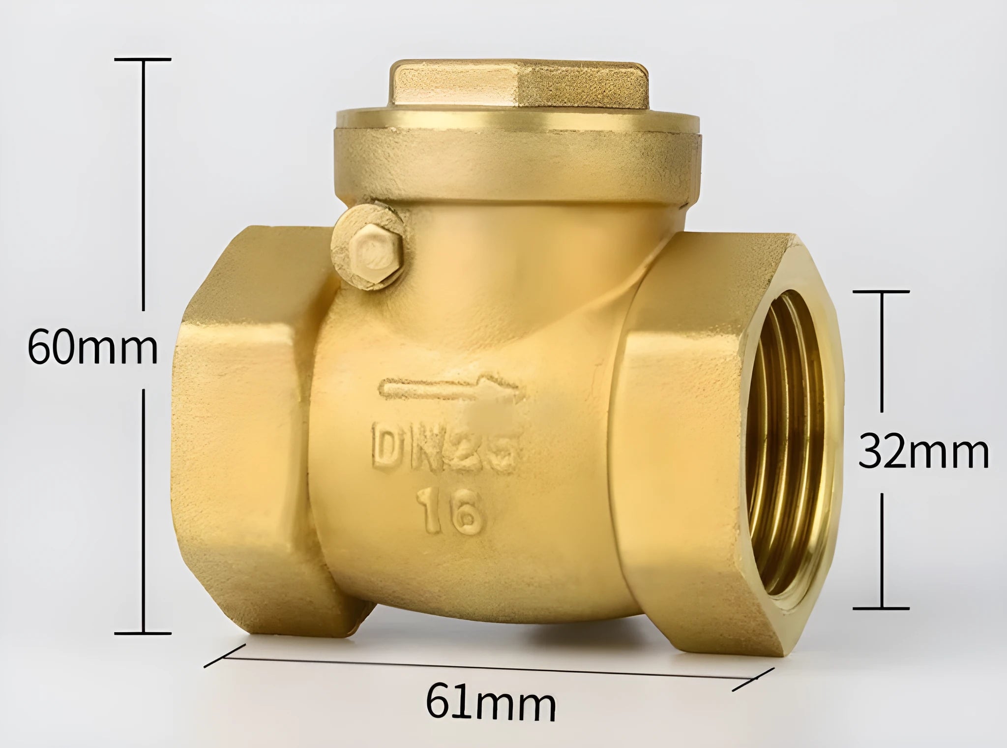 Brass check valve shown in horizontal and vertical configurations with threaded connections