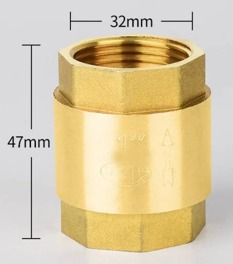 Brass check valve shown in horizontal and vertical configurations with threaded connections