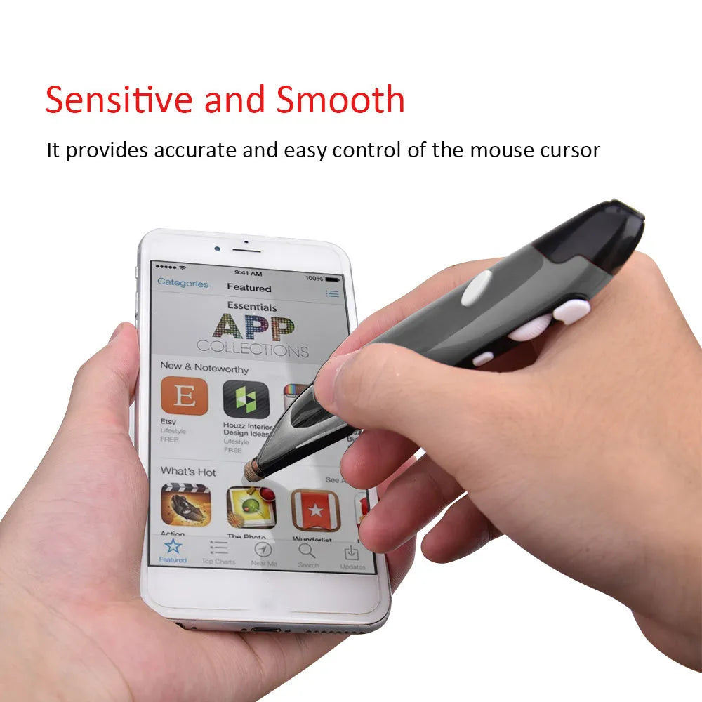 Pen-shaped wireless optical mouse in red, blue and gray colours with 2.4GHz USB receiver
