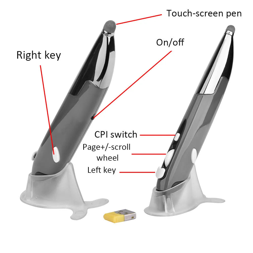 Pen-shaped wireless optical mouse in red, blue and gray colours with 2.4GHz USB receiver