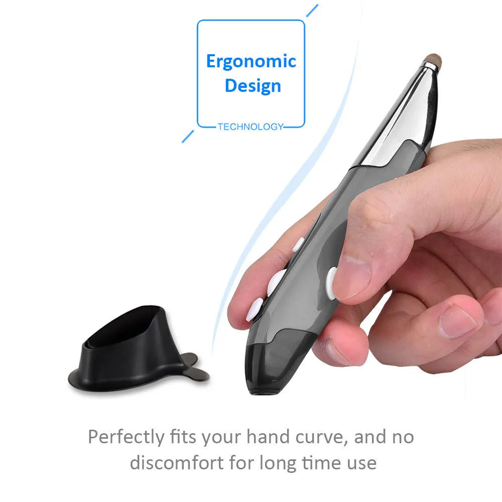 Pen-shaped wireless optical mouse in red, blue and gray colours with 2.4GHz USB receiver