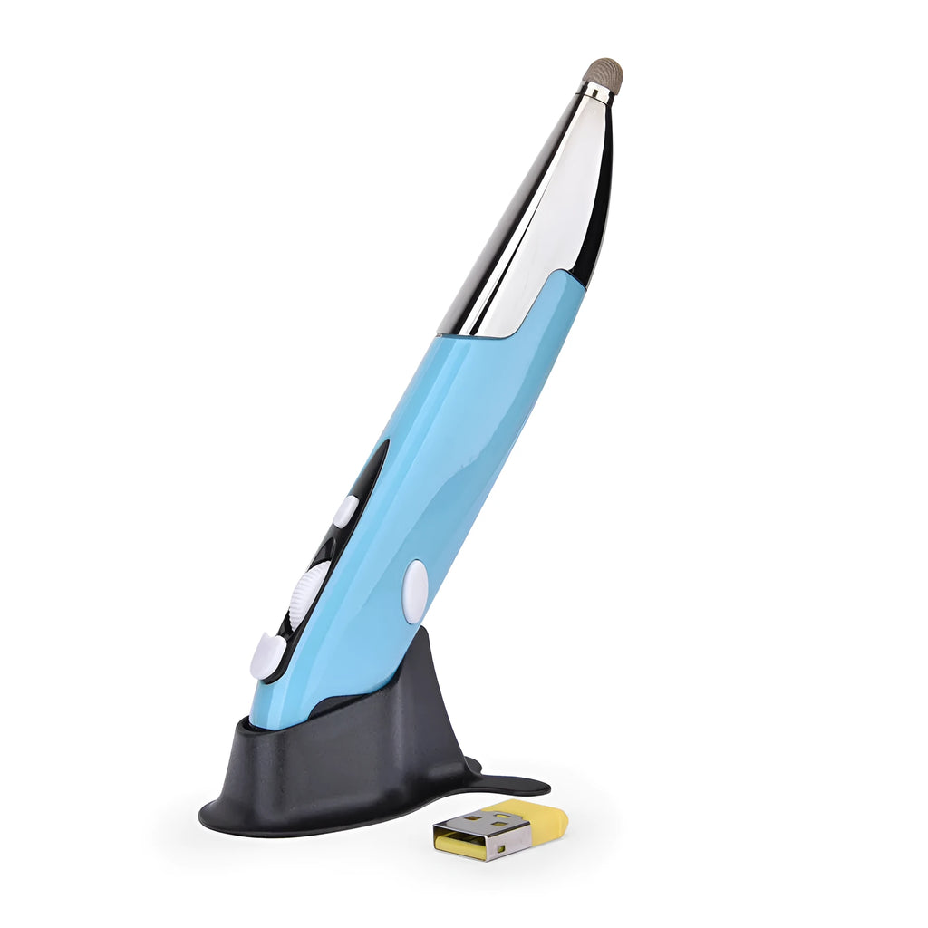 Pen-shaped wireless optical mouse in red, blue and gray colours with 2.4GHz USB receiver