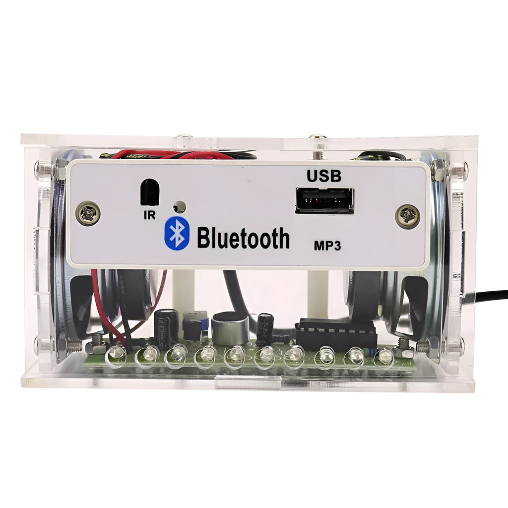 Bluetooth speaker DIY electronic kit with transparent housing and loose components for assembly