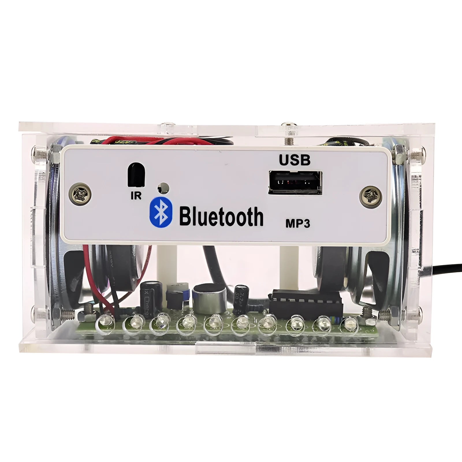 Bluetooth speaker DIY electronic kit with transparent housing and loose components for assembly