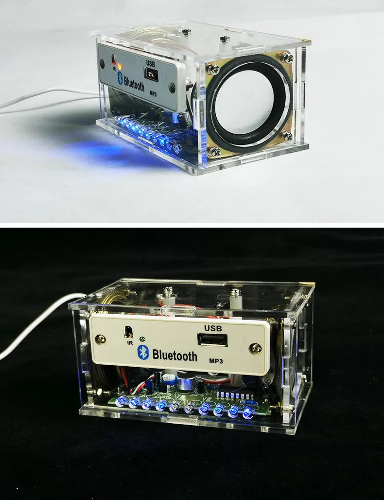 Bluetooth speaker DIY electronic kit with transparent housing and loose components for assembly