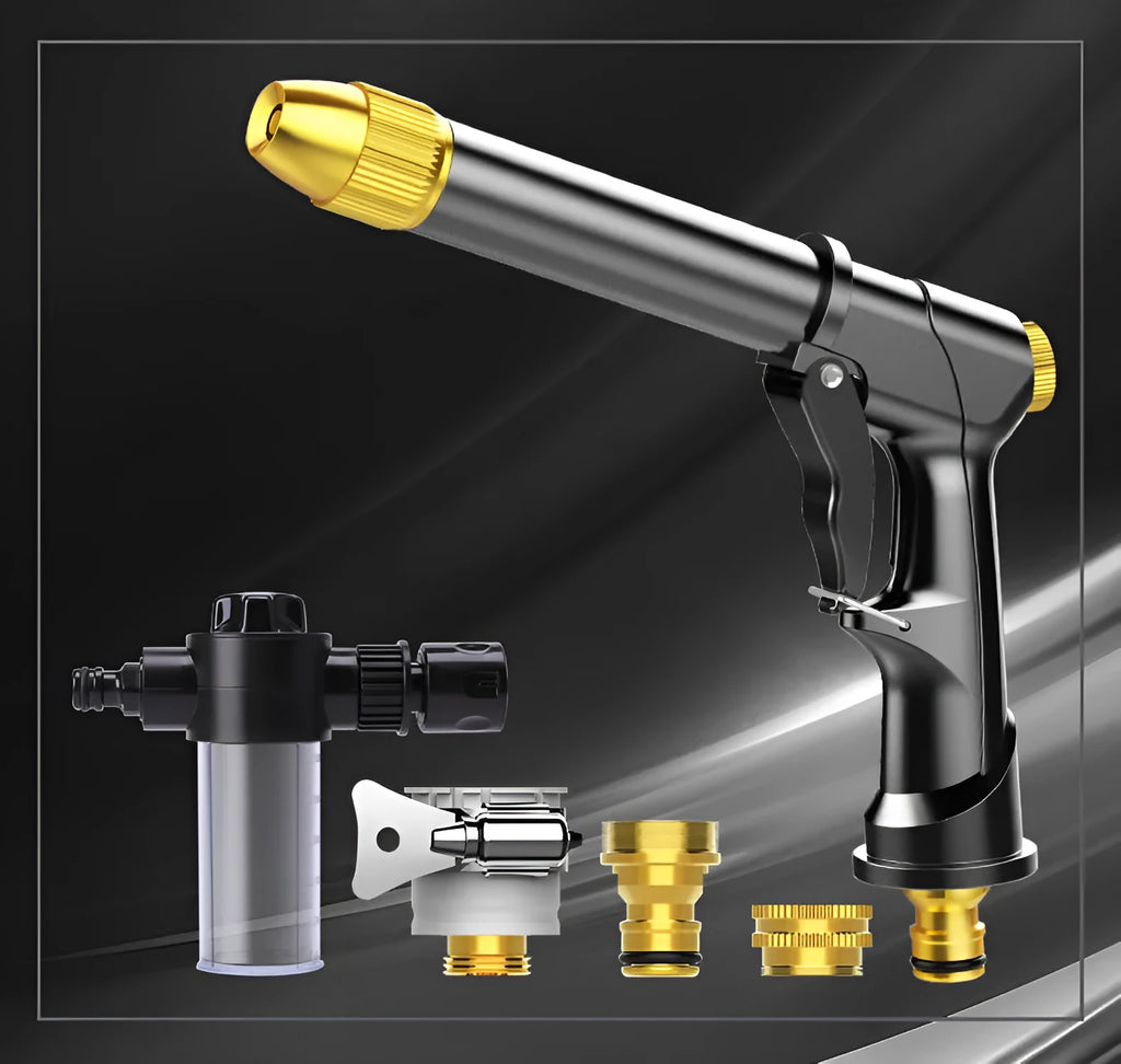 Aluminium alloy telescopic garden hose with water gun extended on a patio.