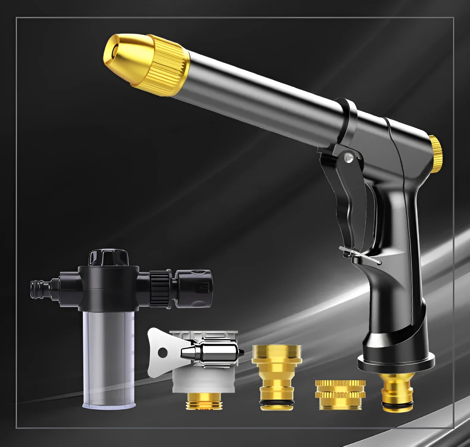 Aluminium alloy telescopic garden hose with water gun extended on a patio.