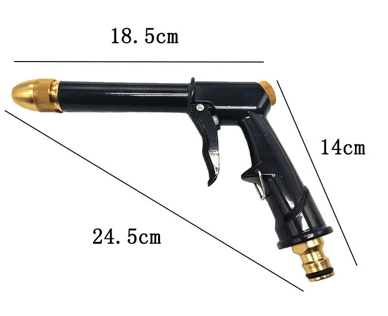 Aluminium alloy telescopic garden hose with water gun extended on a patio.