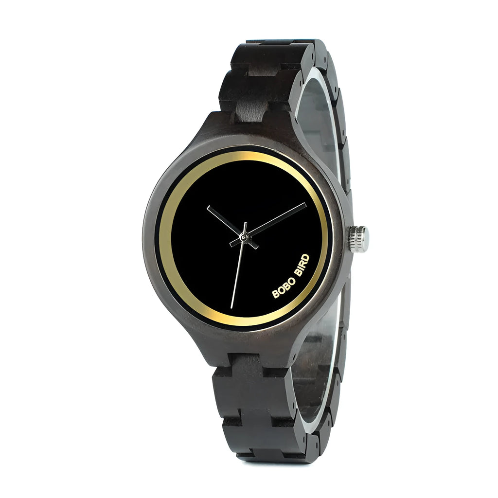 Men's wooden watch with round wood case, wood strap, quartz movement and butterfly clasp, style GP016-1A or GP016-2A