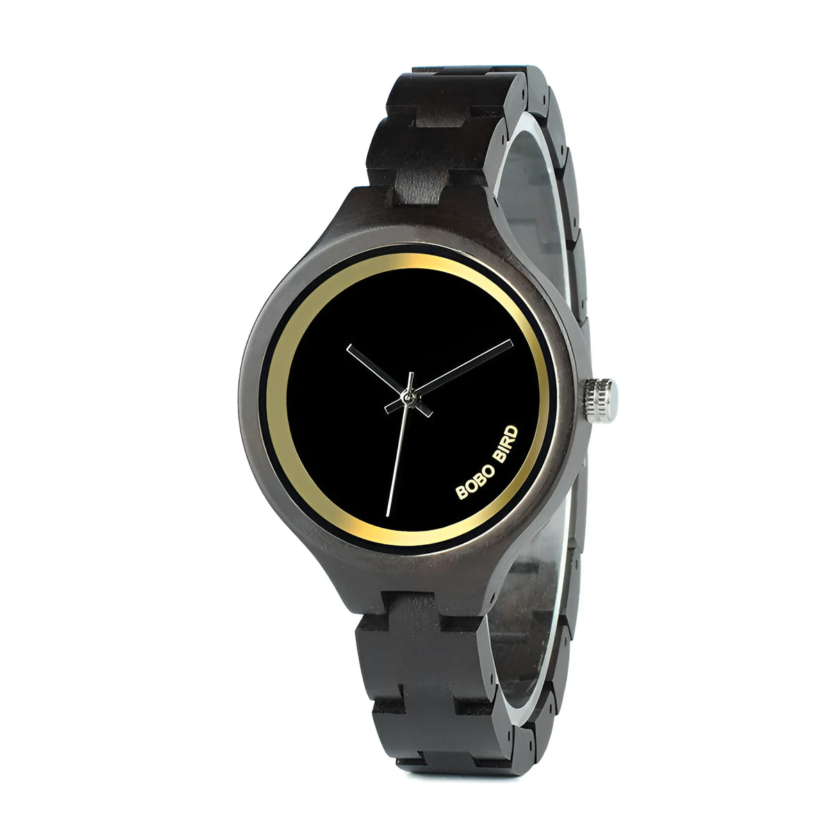 Men's wooden watch with round wood case, wood strap, quartz movement and butterfly clasp, style GP016-1A or GP016-2A