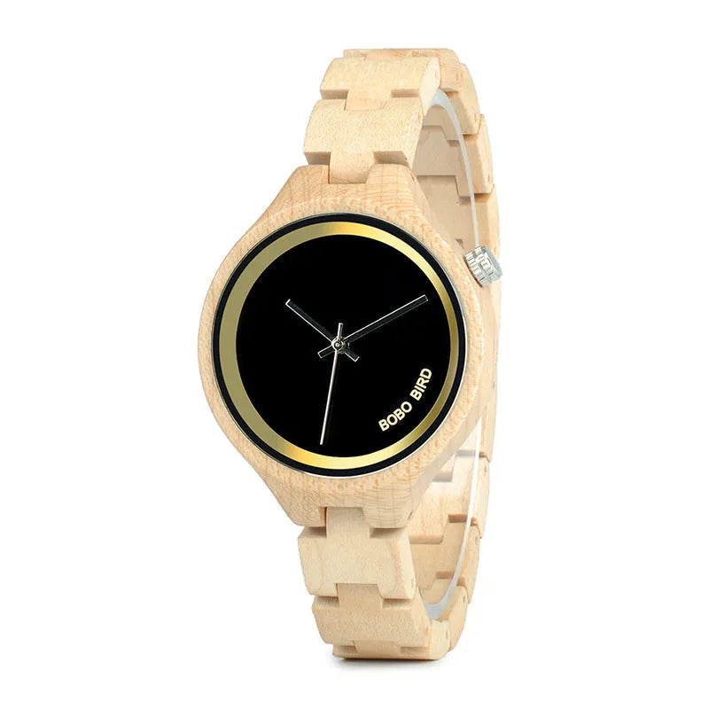 Men's wooden watch with round wood case, wood strap, quartz movement and butterfly clasp, style GP016-1A or GP016-2A