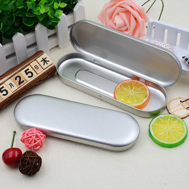 Rectangular frosted iron tinplate box for pen and cosmetic storage, dimensions 175x60x18mm