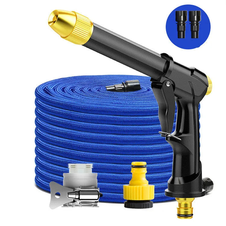 Aluminium alloy telescopic garden hose with water gun extended on a patio.