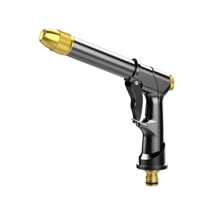 Aluminium alloy telescopic garden hose with water gun extended on a patio.