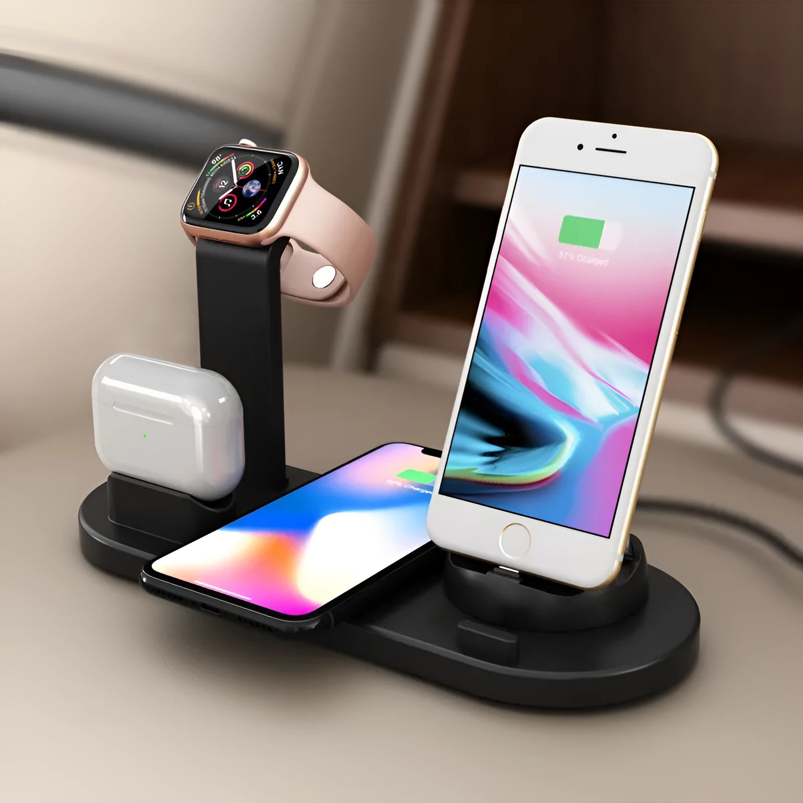 Three-in-one wireless charging station showing iPhone, Apple Watch and AirPods charging simultaneously on a Black bracket