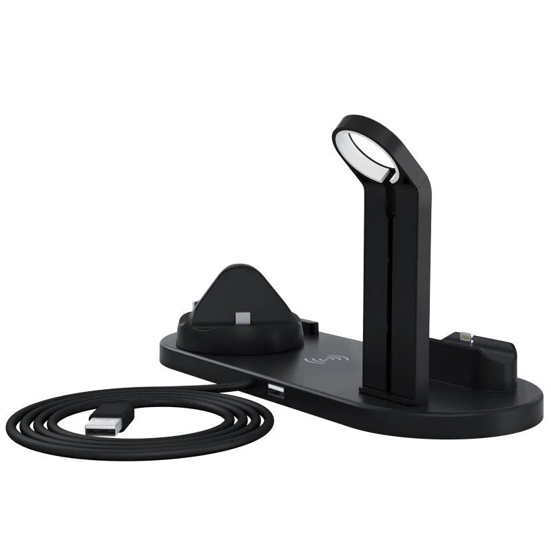 Three-in-one wireless charging station showing iPhone, Apple Watch and AirPods charging simultaneously on a Black bracket