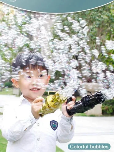 Children's bubble machine toy with machine gun design in pink, gold, or black colours