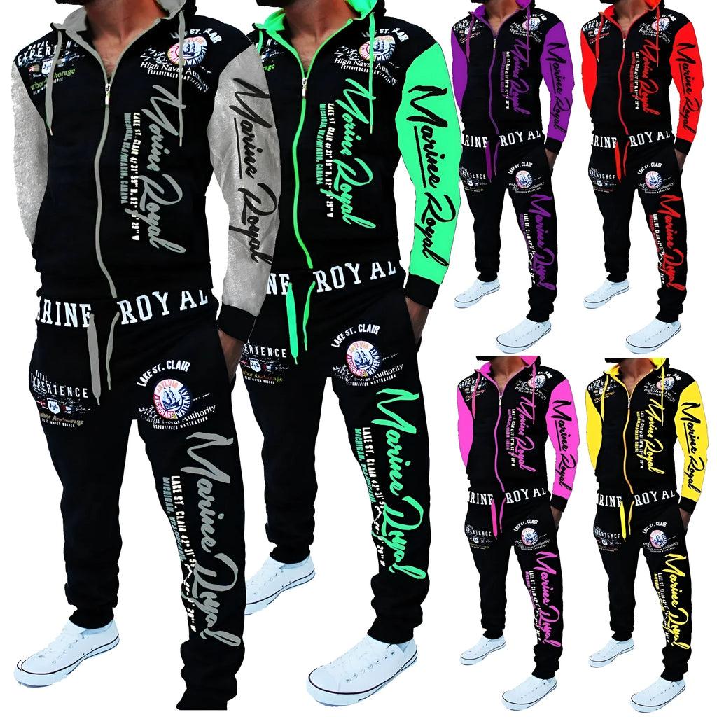 Men's tracksuit 2 piece set with polyester zip top and pants in green, grey, red, yellow, sizes S to 3XL