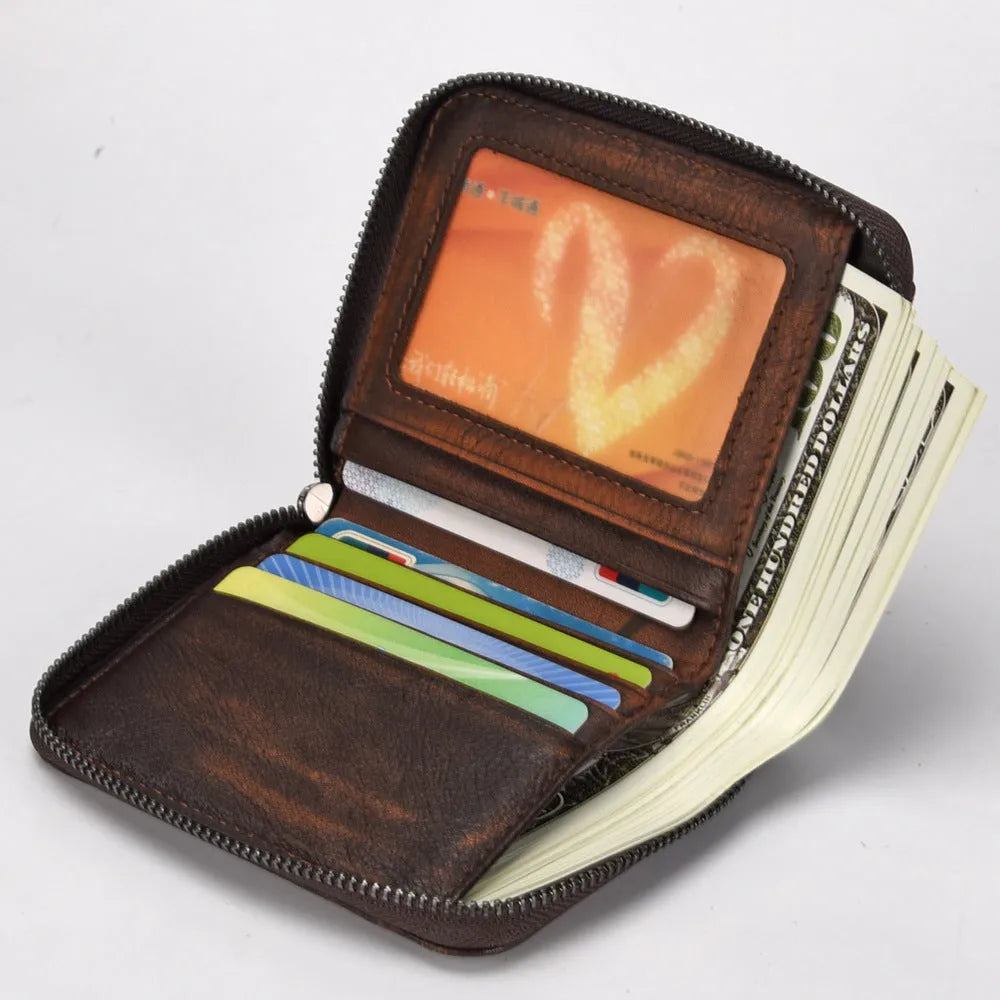 Men's brown cow leather vertical zipper wallet with compact 11cm size, retro style, and metal zipper closure