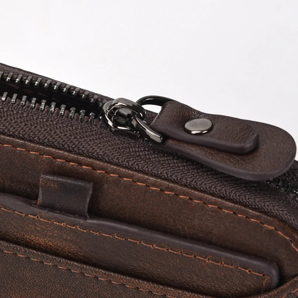 Men's brown cow leather vertical zipper wallet with compact 11cm size, retro style, and metal zipper closure
