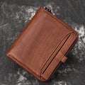 Men's brown cow leather vertical zipper wallet with compact 11cm size, retro style, and metal zipper closure